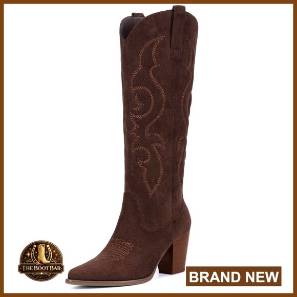 Shoes - Suede Cowboy Boots Knee High with Side Zipper Block Heel